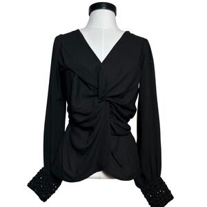 Y2K VTG Black Twist Front Sheer V-Neck Blouse Beaded Studded Cuffs Size S Euro